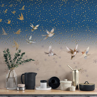 Starry sky wallpaper with flying birds
