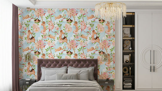 Elegant cherubs and blossoms wall mural design.

