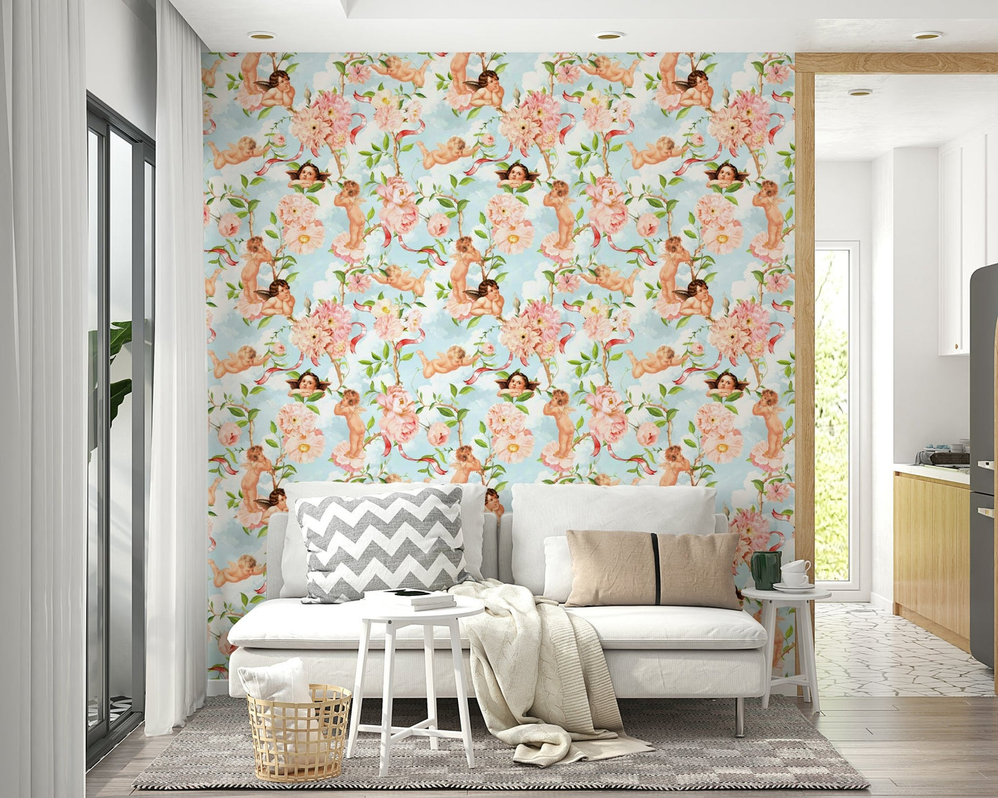 Celestial cherubs amidst blooming blossoms wallpaper., GD1451