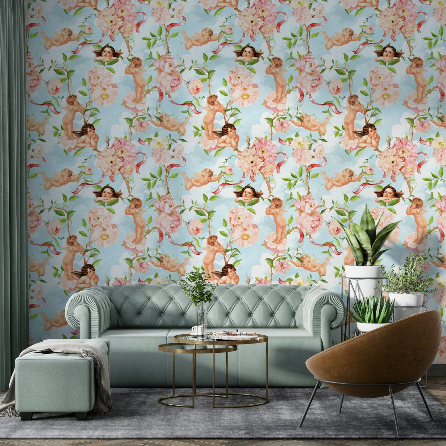Celestial cherubs and blooms on wallpaper mural., GD1451