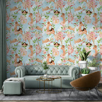 Celestial cherubs and blooms on wallpaper mural., GD1451