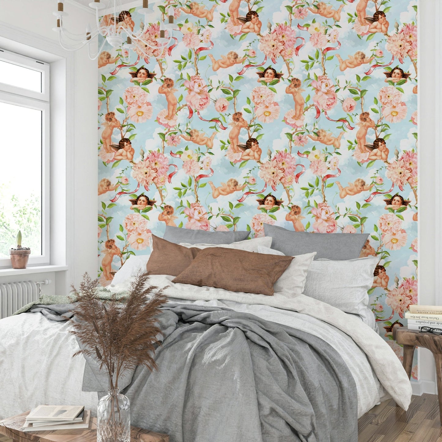Floral cherubs wallpaper for heavenly room design., GD1451