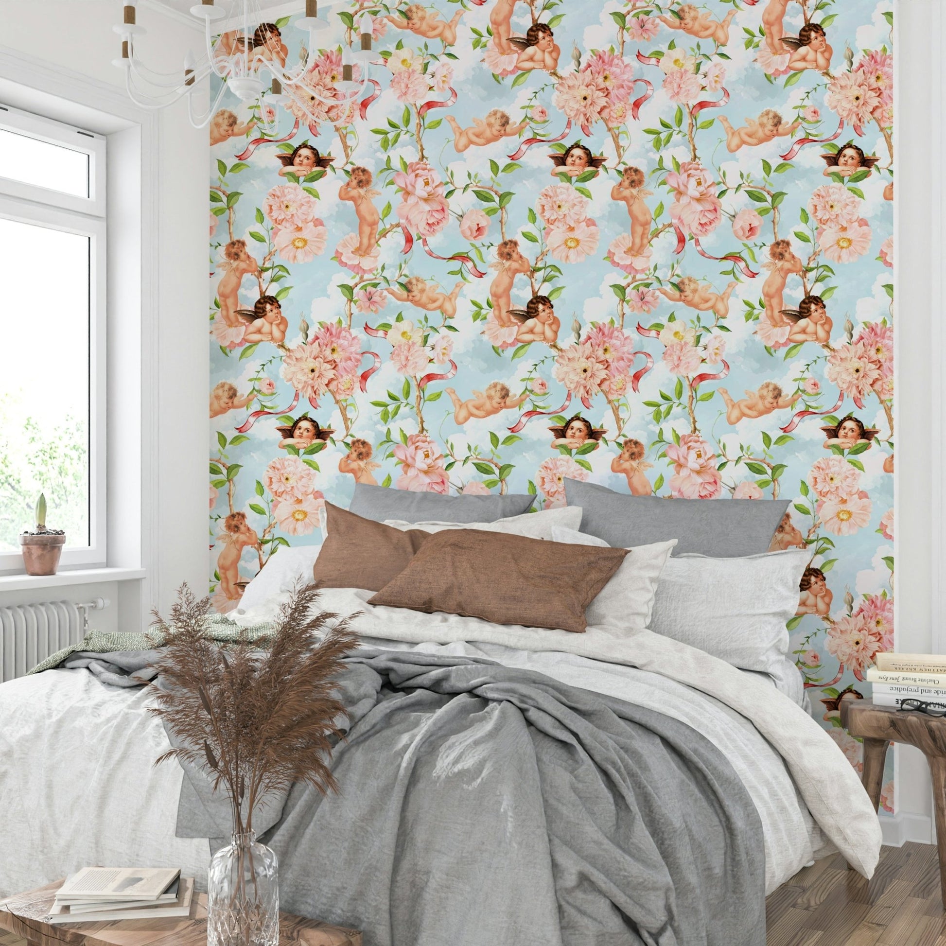 Floral cherubs wallpaper for heavenly room design., GD1451