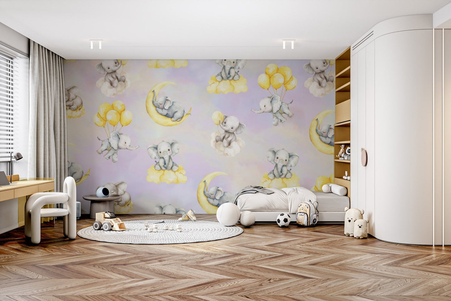 Peaceful moonlit elephant mural