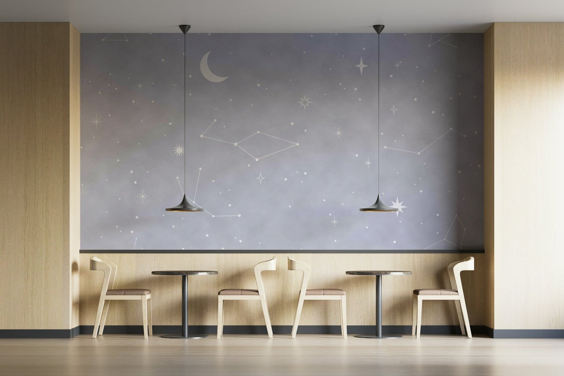 A wall mural of a peaceful celestial pattern.


