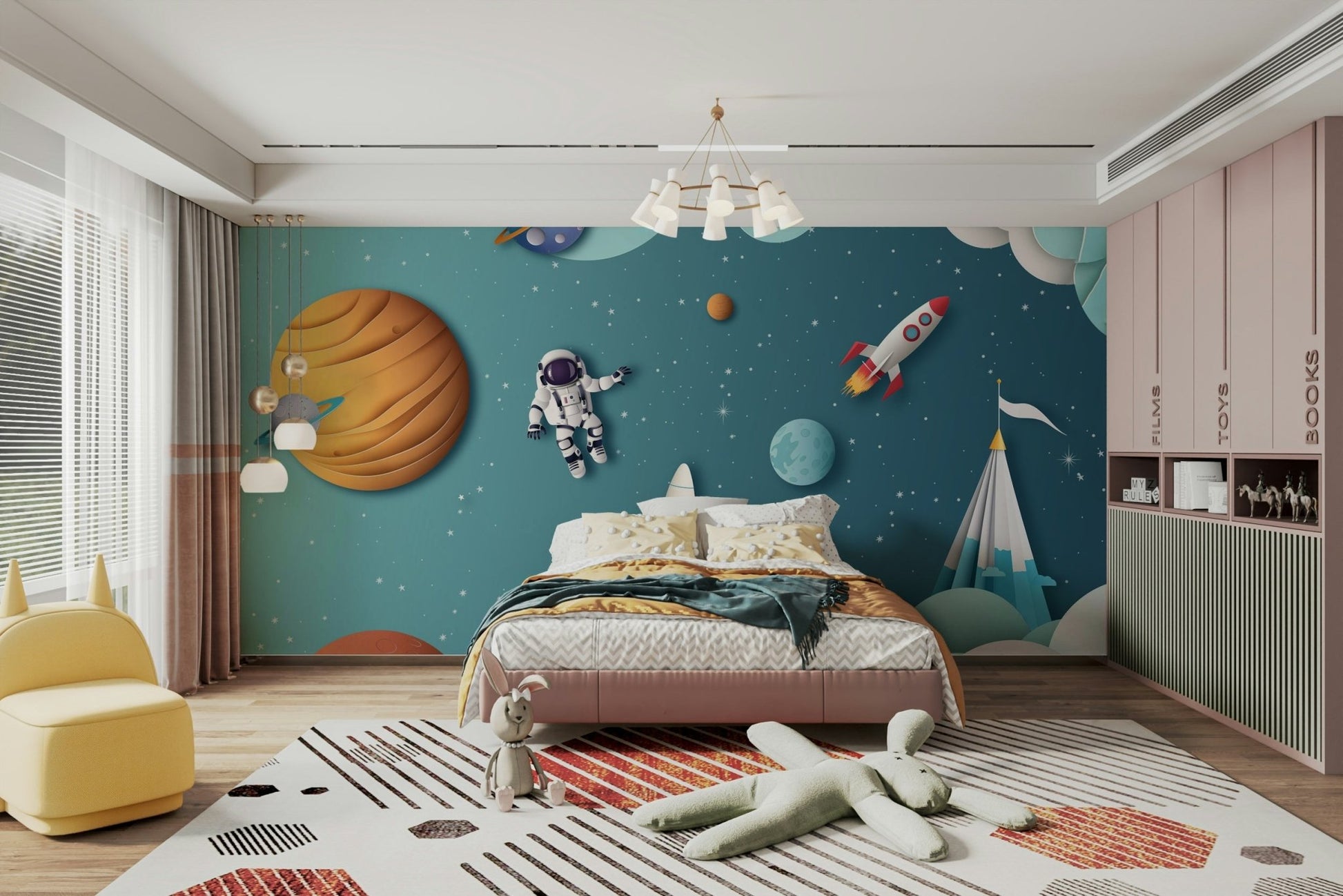 A peaceful wall mural with a celestial and whimsical design.

