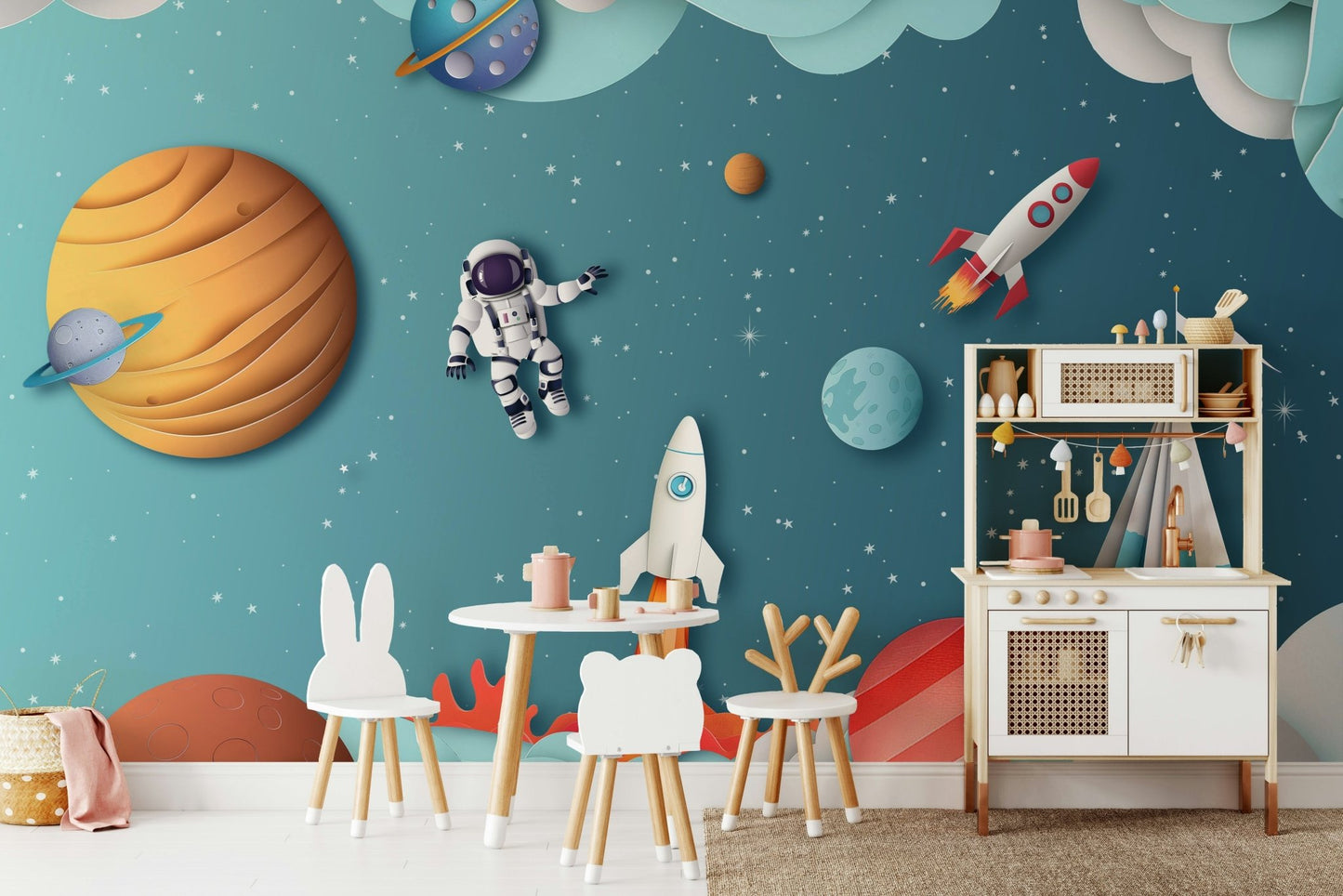 The design features graceful, peaceful explorers in a cosmic setting.

