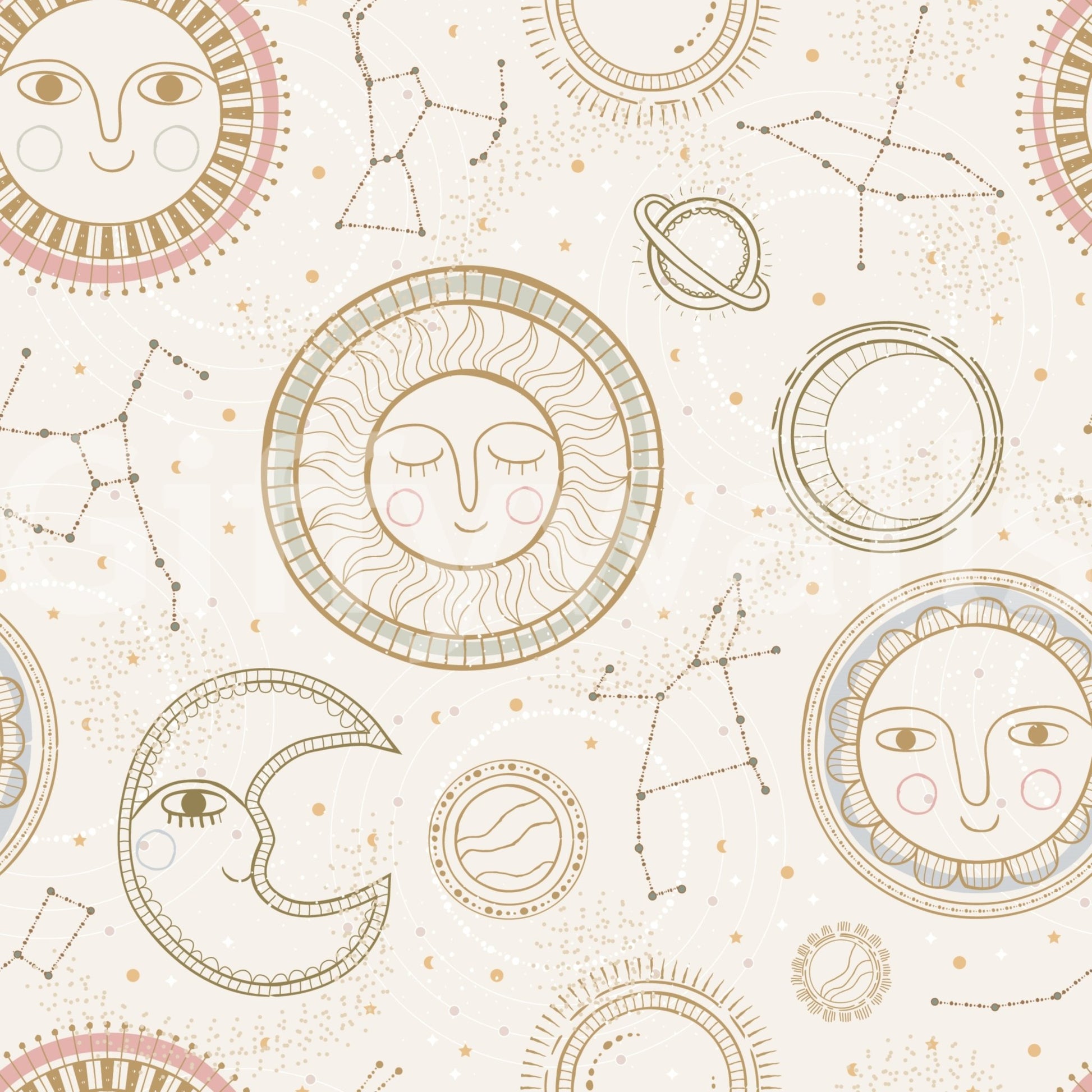 Hallway transformed by the ethereal Celestial Harmony sun and stars pattern.