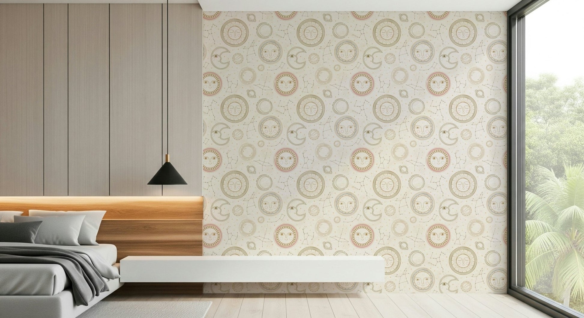 Dreamy bedroom headboard wall featuring the Celestial Harmony sun and moon print.