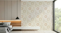 Dreamy bedroom headboard wall featuring the Celestial Harmony sun and moon print.