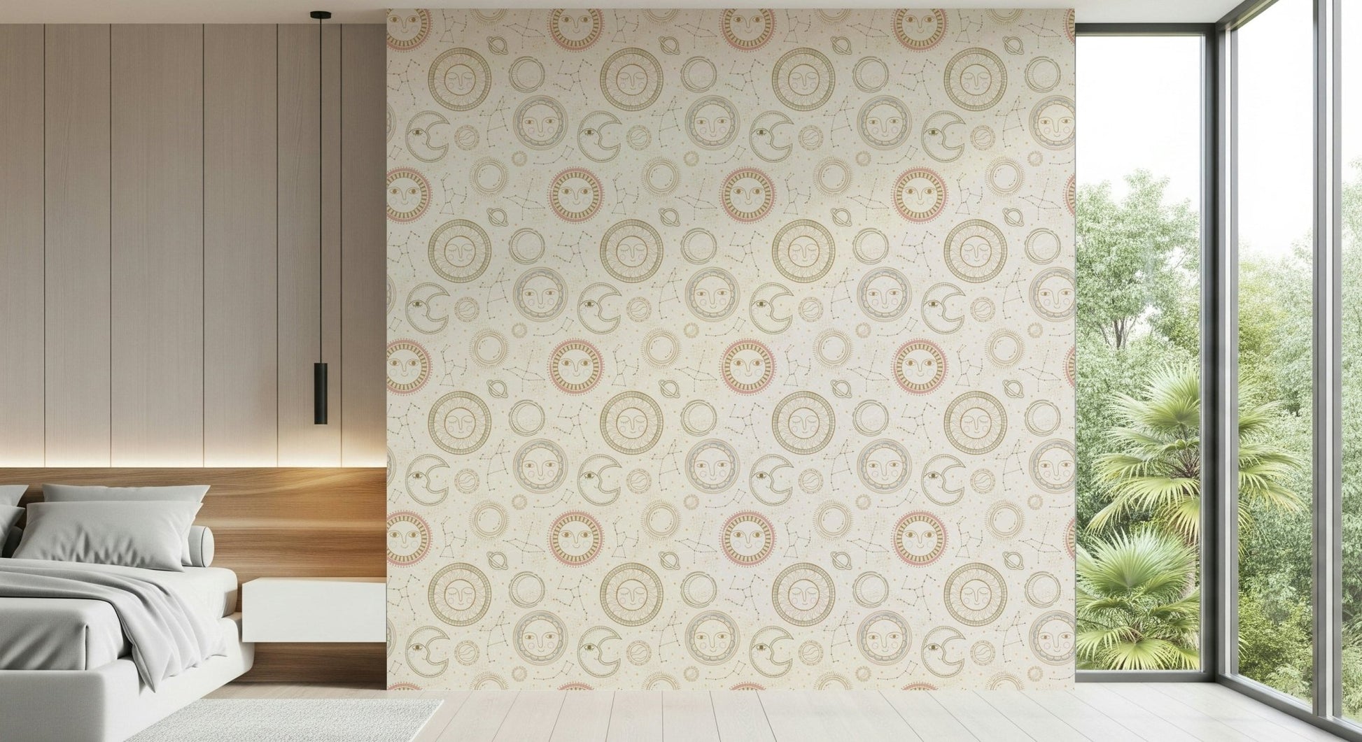 Serene living room with the Celestial Harmony wallpaper accent wall.