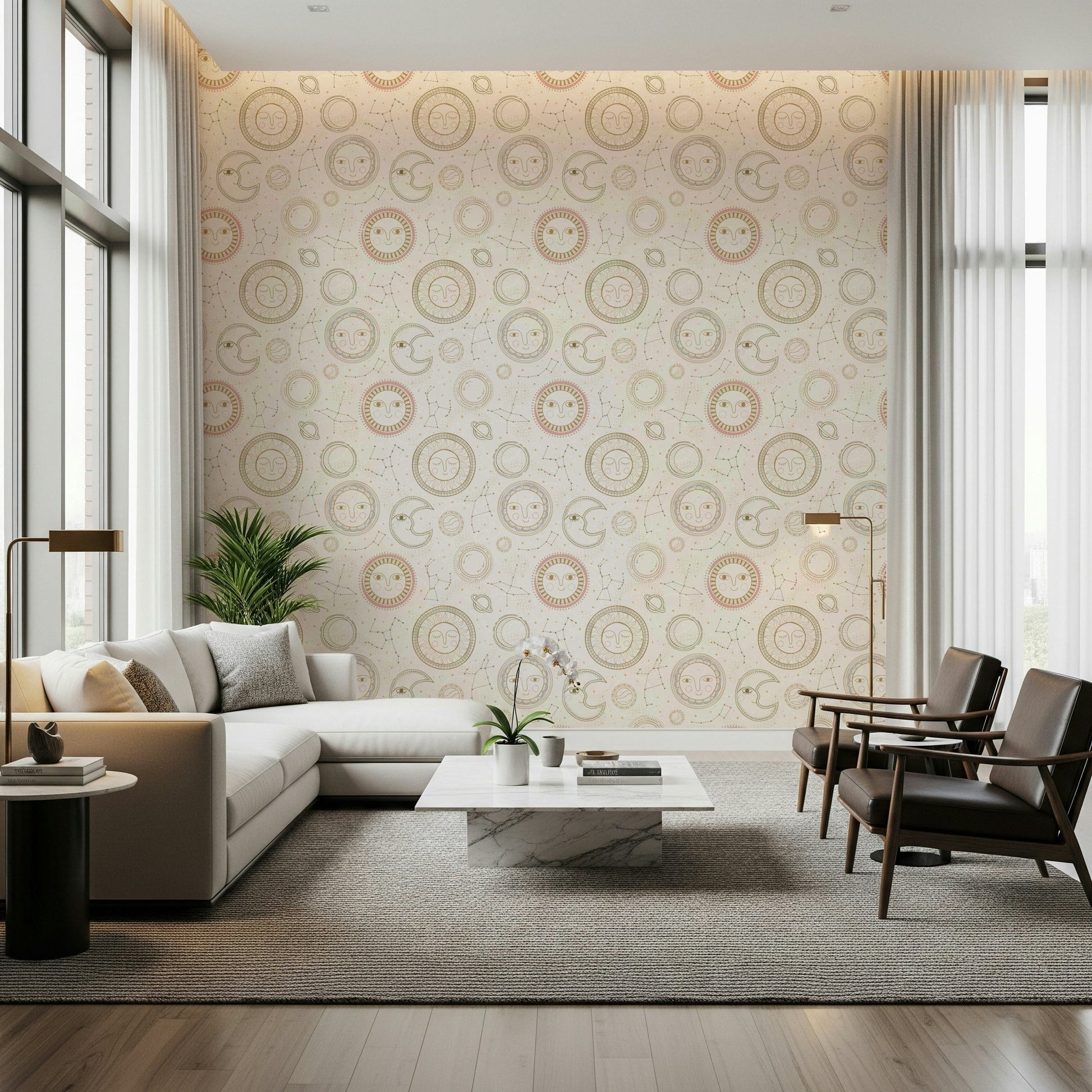 Cozy reading nook featuring the mystical Celestial Harmony star map wallpaper.