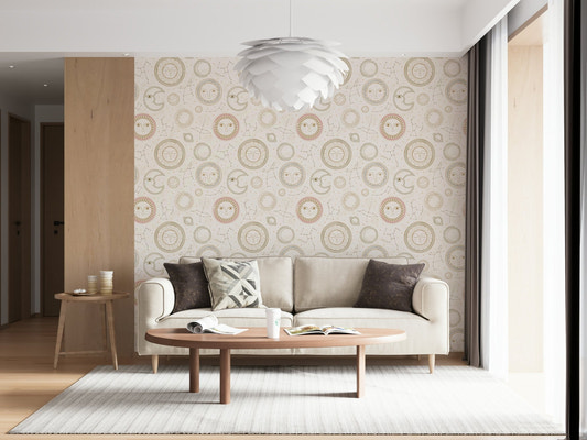 Seamless Celestial Harmony pattern with illustrated suns, moons, and constellations.