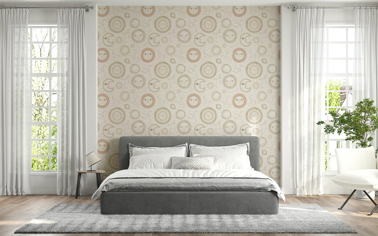 Close-up of the smiling crescent moon character on the Celestial Harmony wallpaper.
