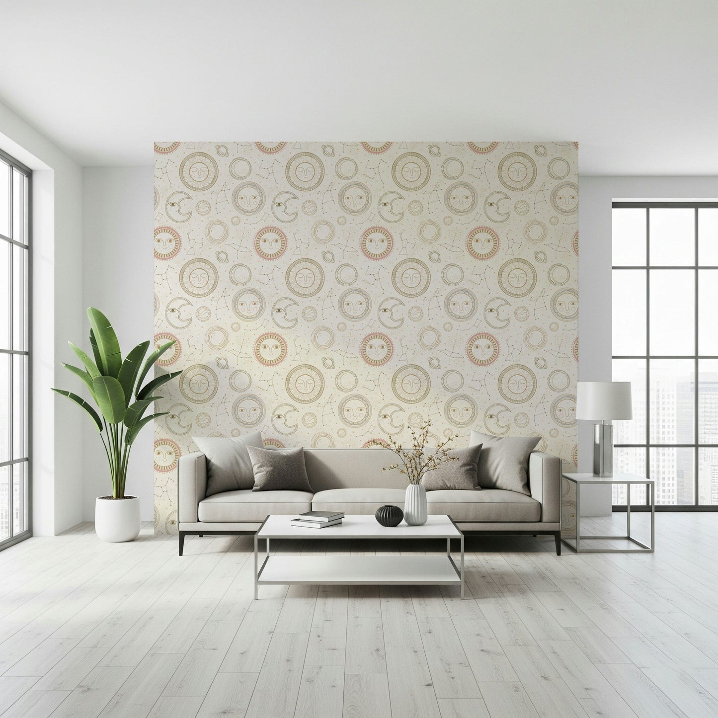 Whimsical nursery room using the light Celestial Harmony cosmic wallpaper.