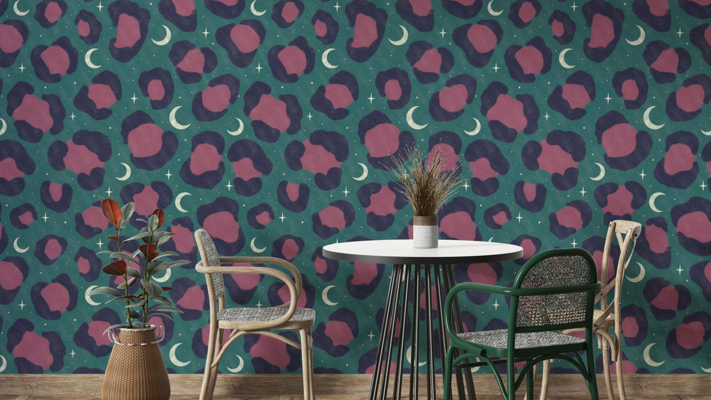 The leopard spots are filled with colorful, abstract images of stars and galaxies.

