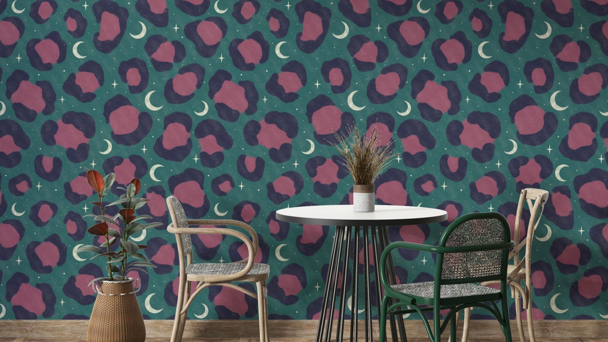 The leopard spots are filled with colorful, abstract images of stars and galaxies.

