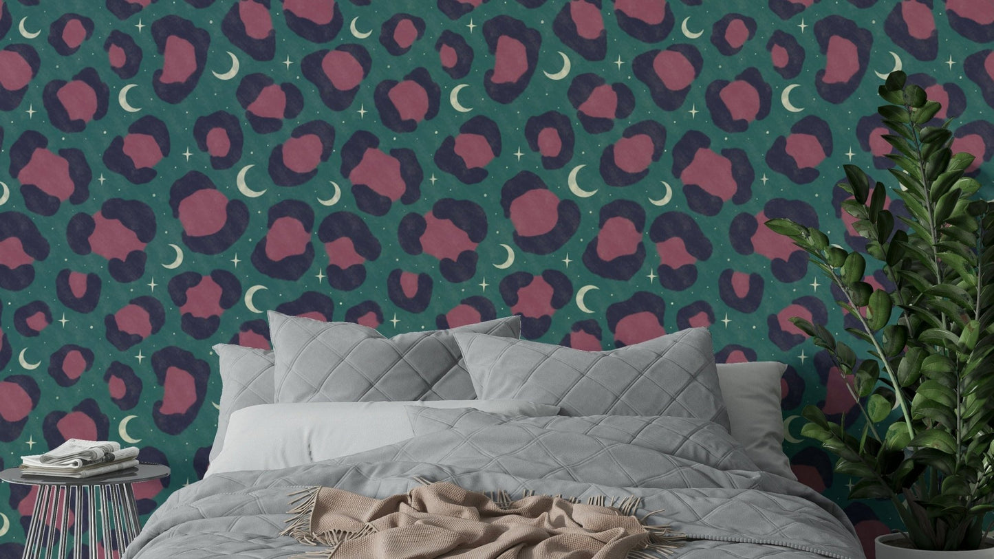 A wall mural featuring a bold, abstract leopard pattern.

