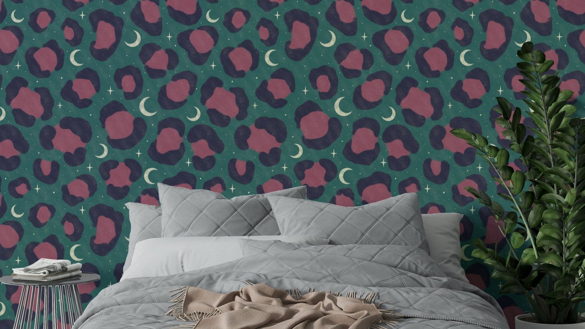 A wall mural featuring a bold, abstract leopard pattern.

