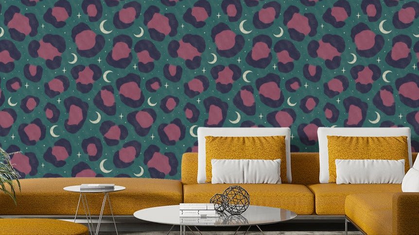 The image shows a full wall with a high-contrast spotted design.

