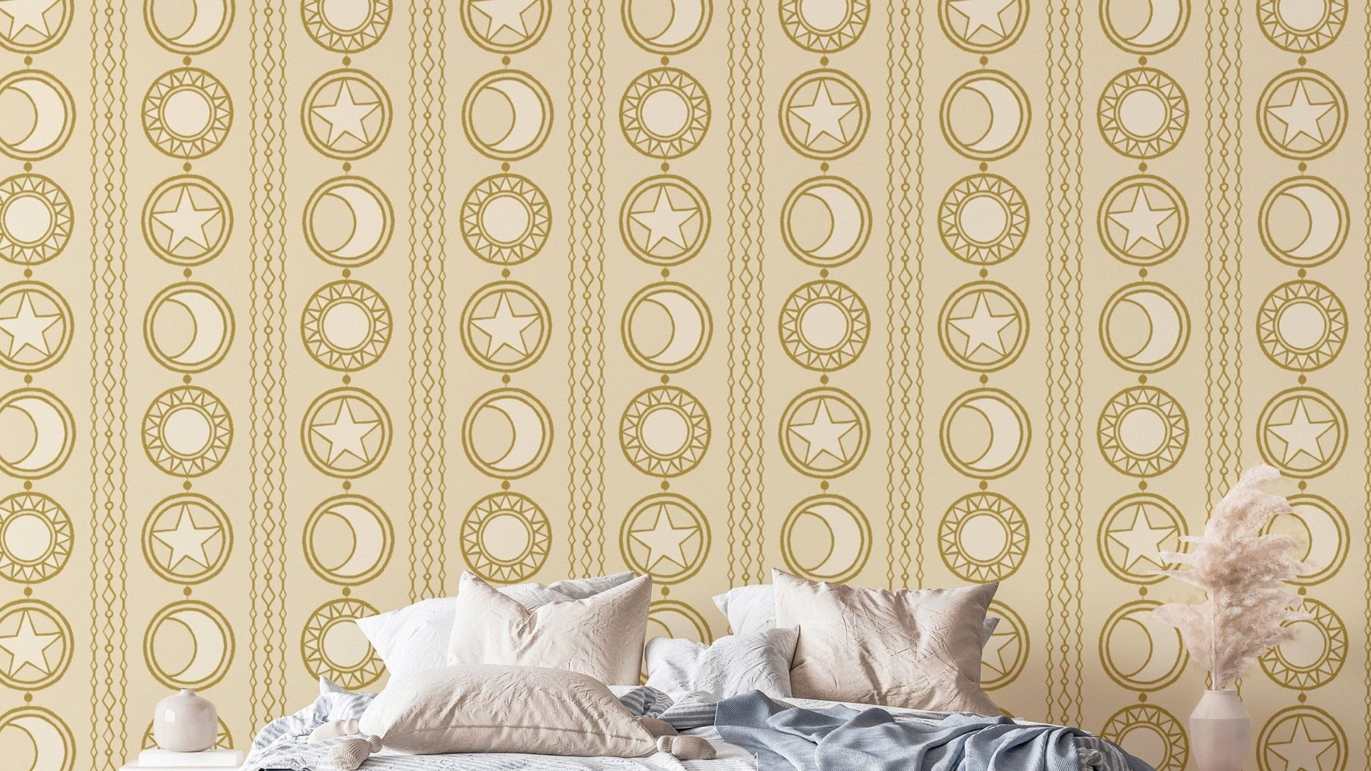 Sophisticated celestial medallions mural for unique wall styling. RNM18
