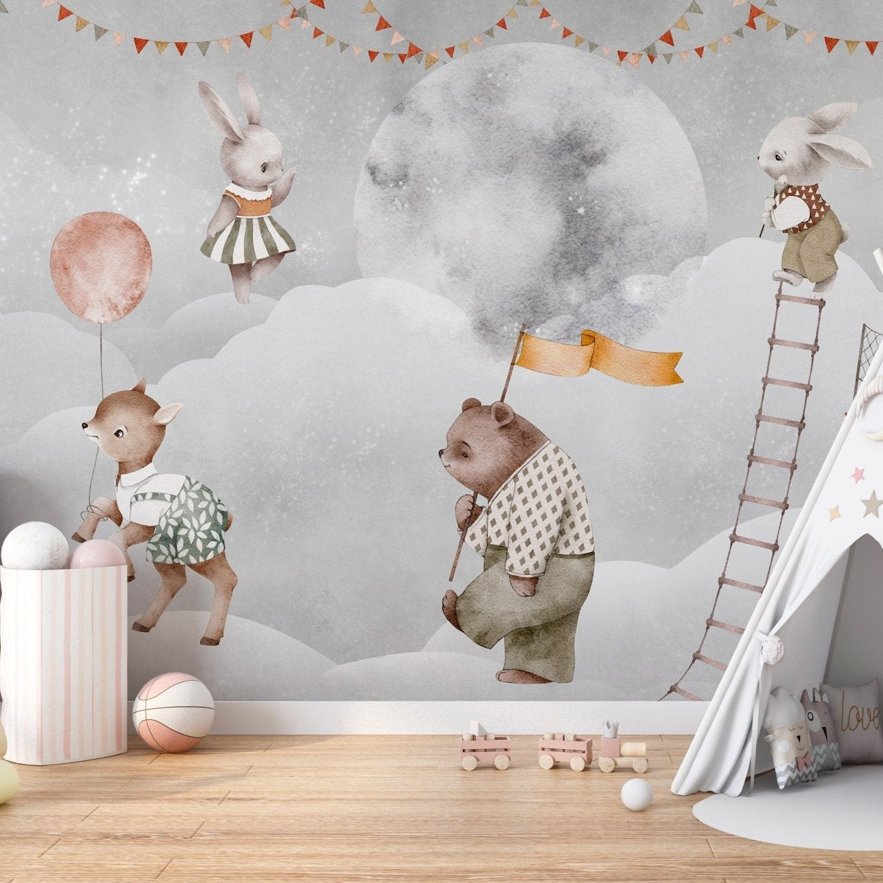 Adorable animal cloud parade wallpaper for nursery walls