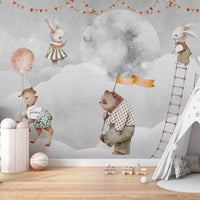 Adorable animal cloud parade wallpaper for nursery walls