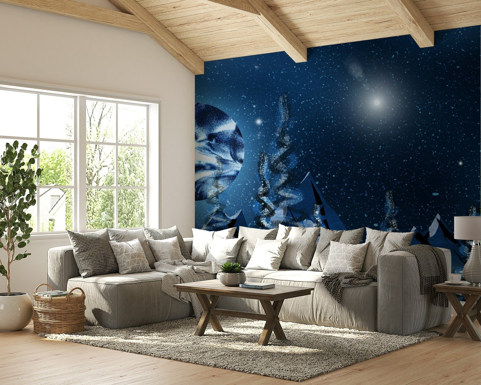 Wallpaper of stars and glowing trees

