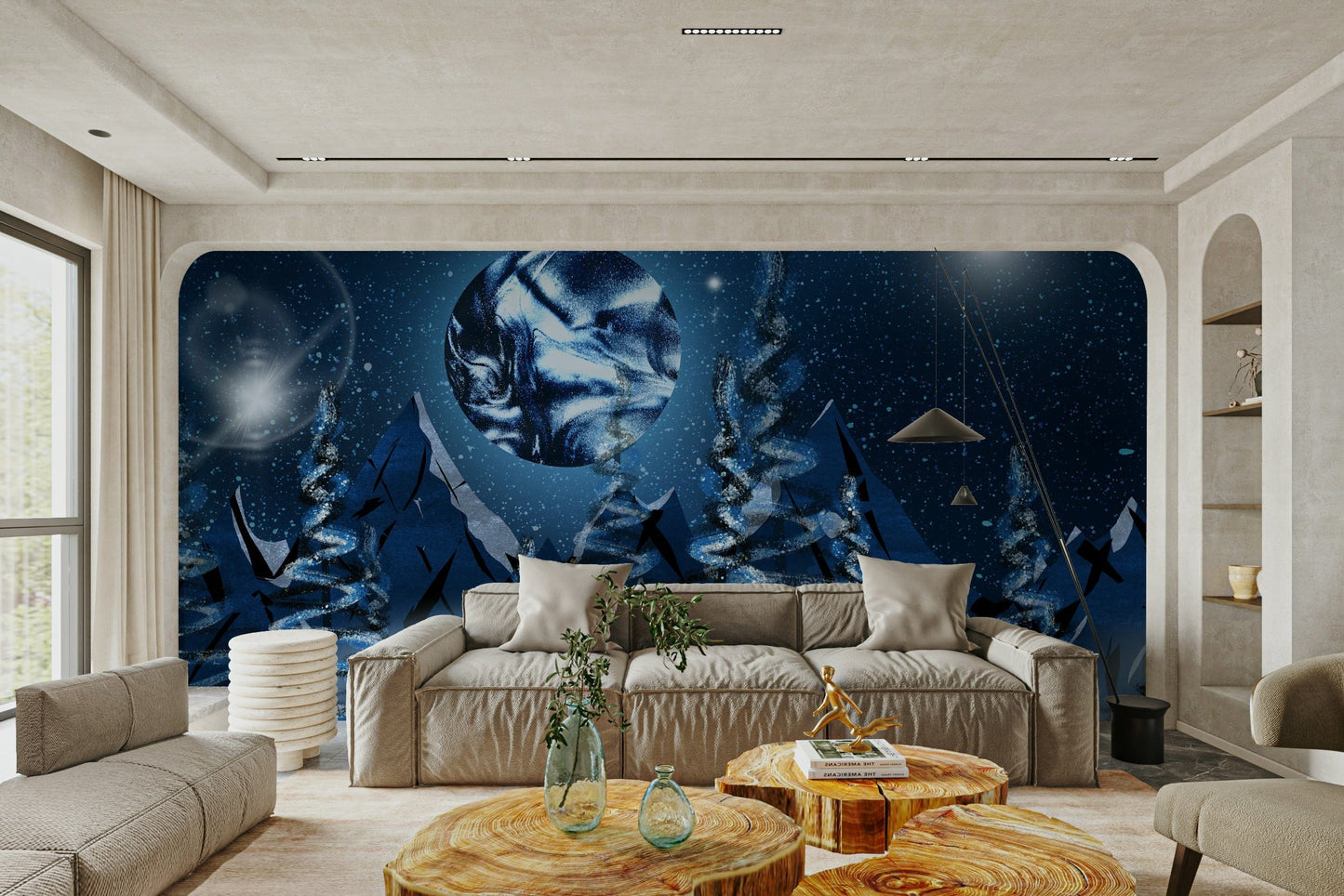 Mystical winter forest night mural

