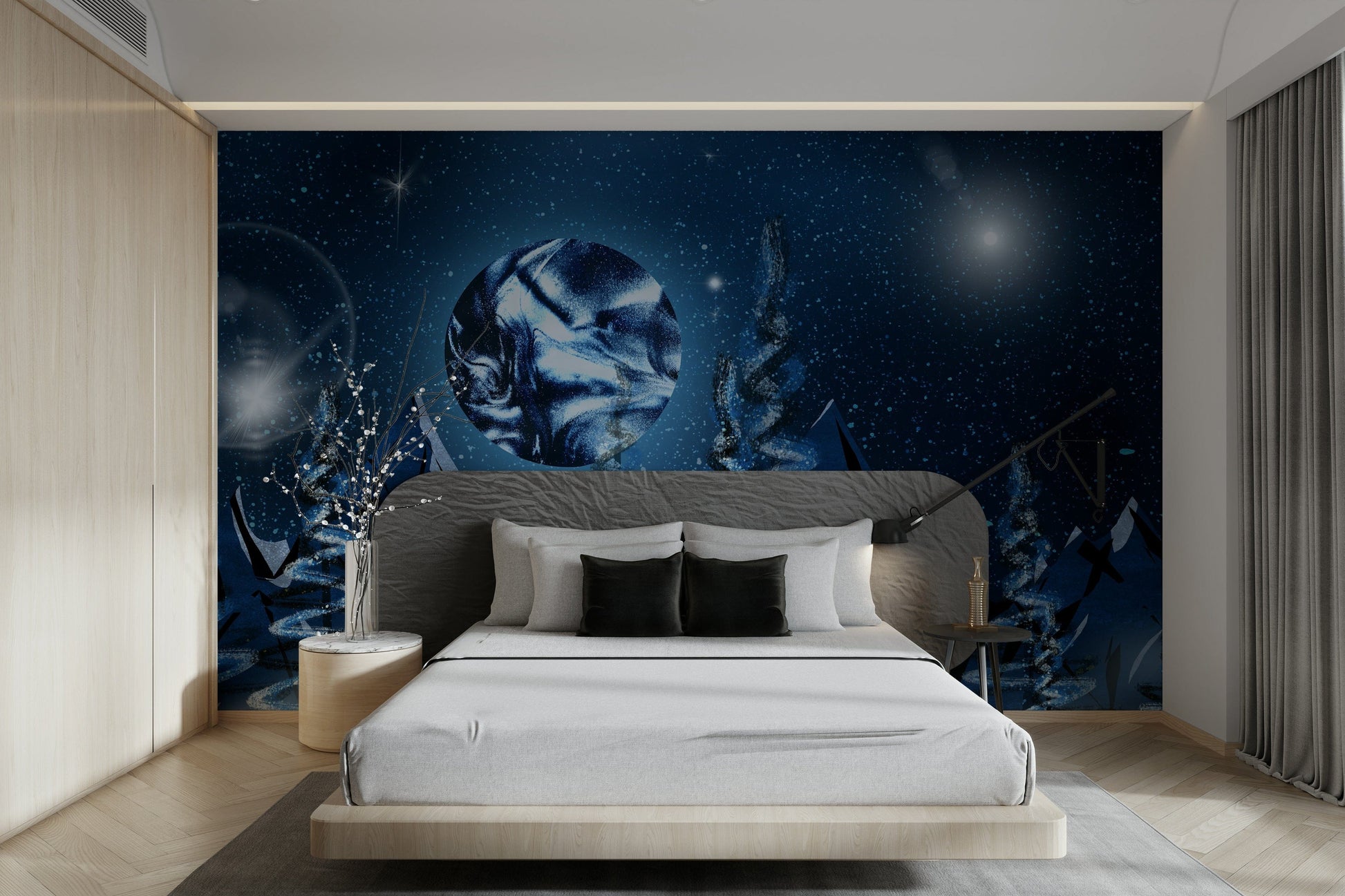 Celestial moon and mountain mural

