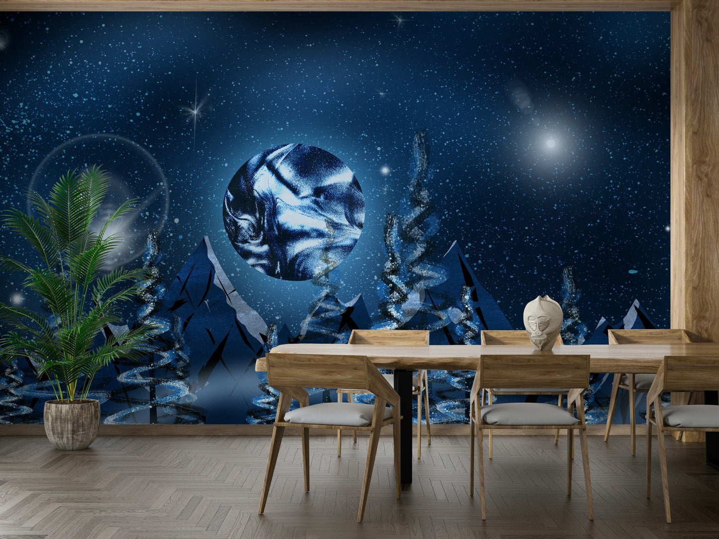 Cosmic forest scene mural design

