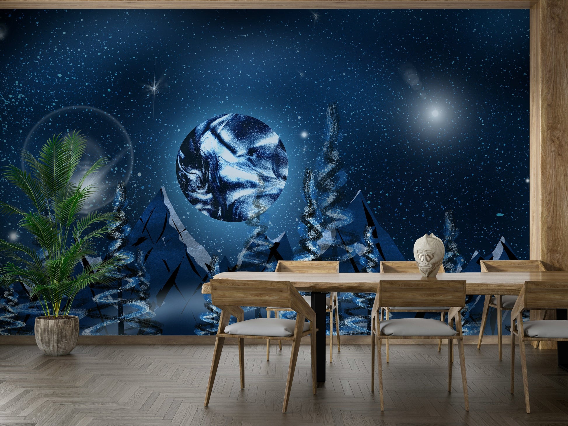 Cosmic forest scene mural design

