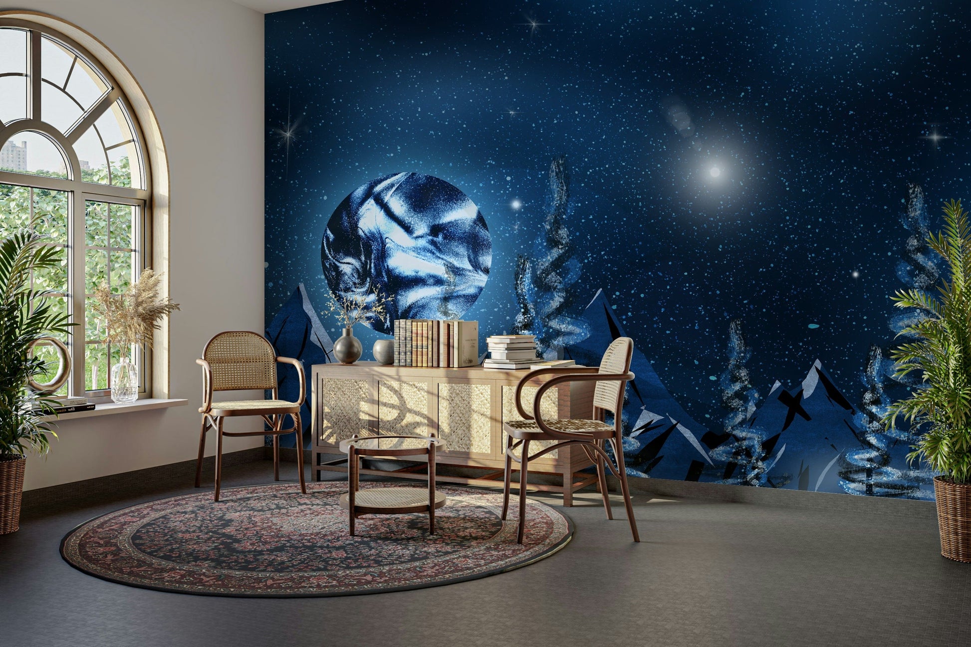 Night sky and glowing pines wallpaper

