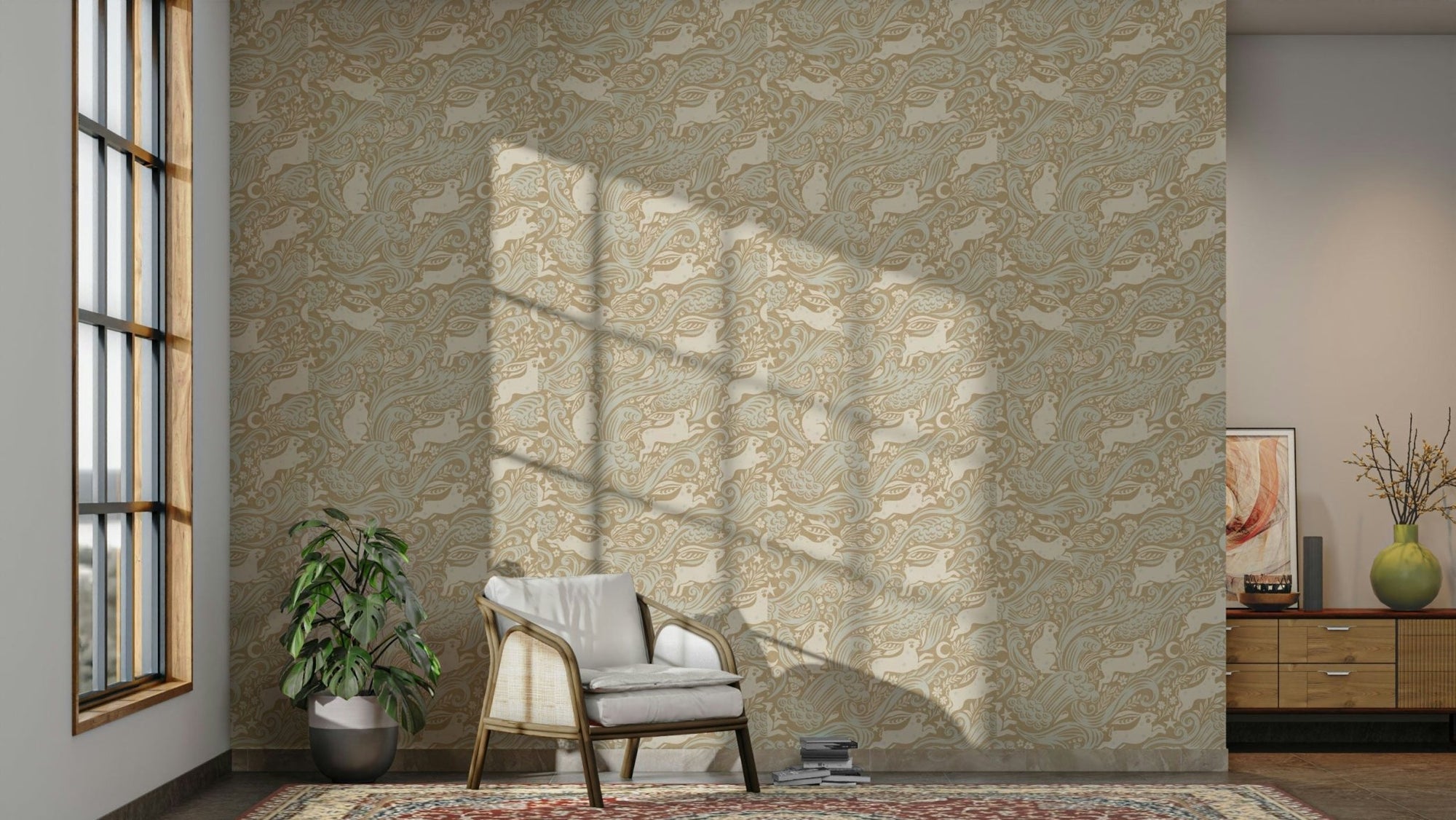 Vintage rabbit and moon wallpaper pattern GD466

