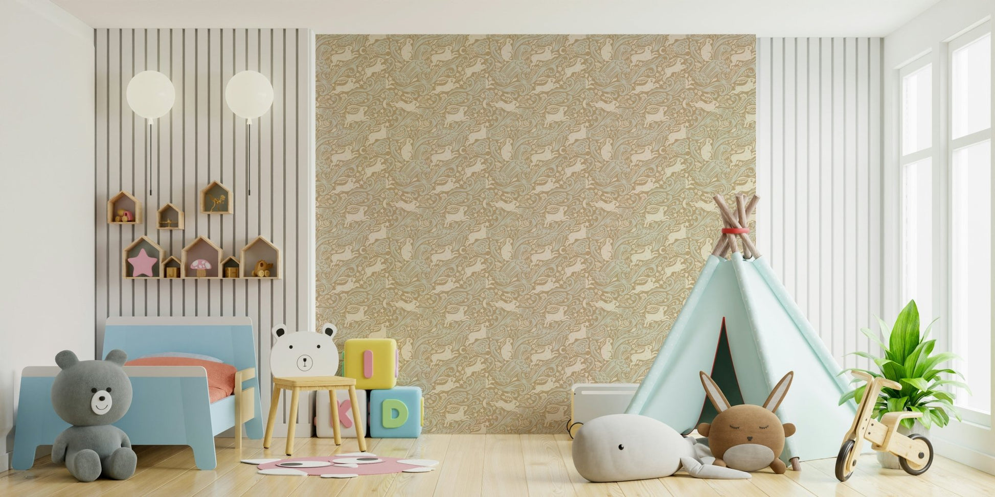 Whimsical bunnies with stars wallpaper design

