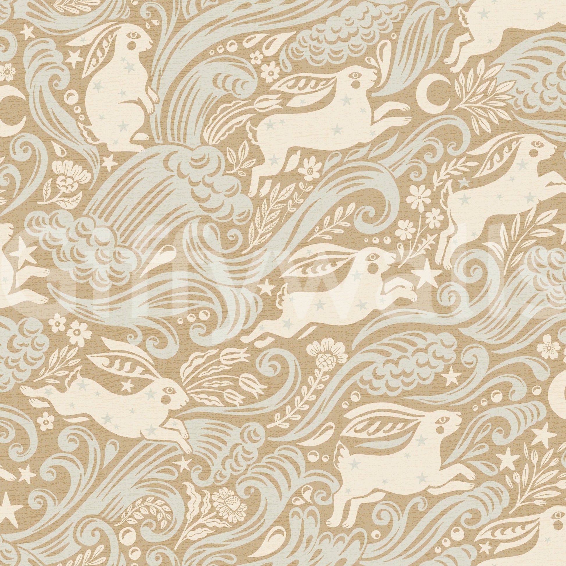 Whimsical floral and rabbit wallpaper design

