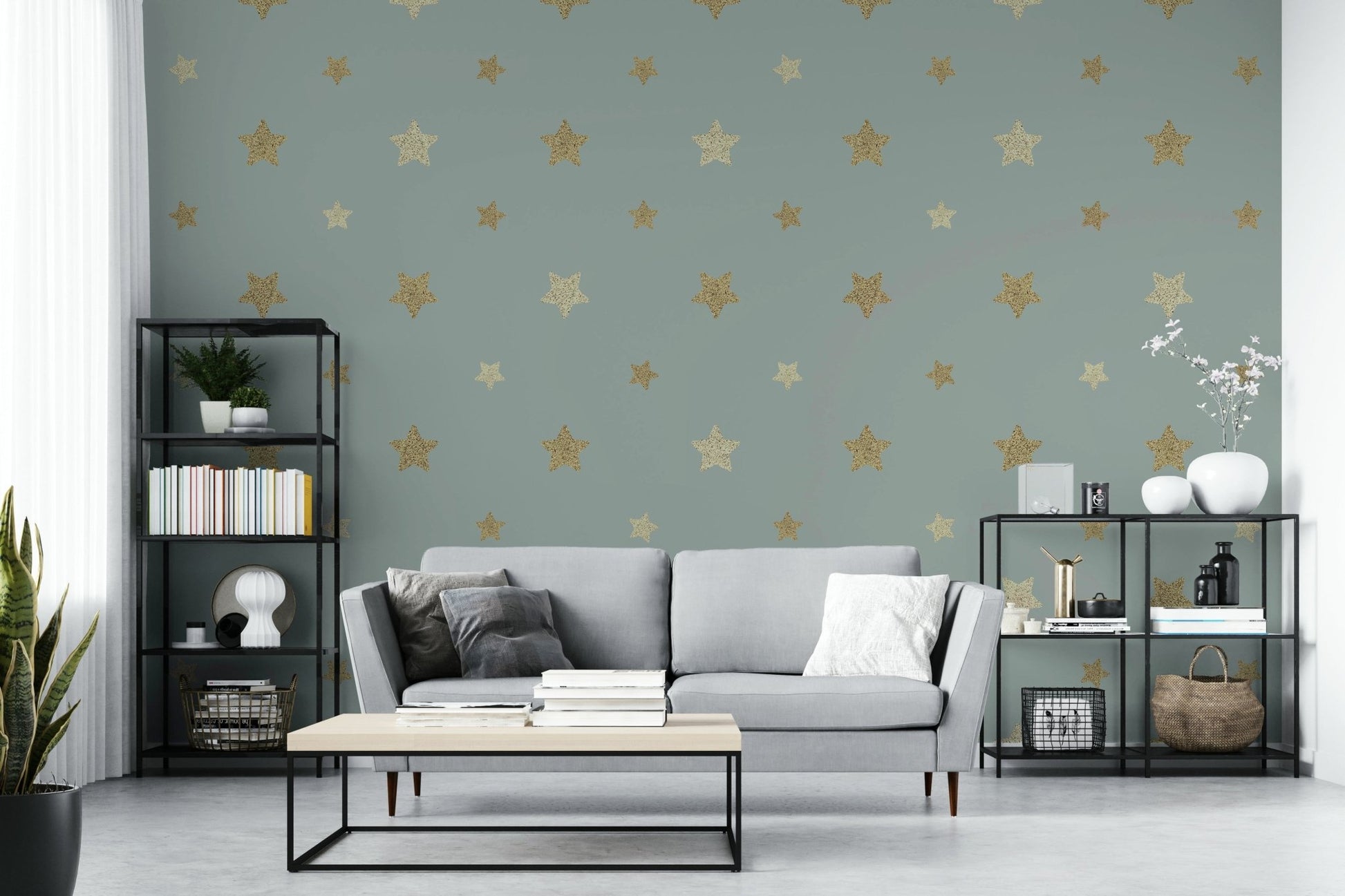 The colors are soft, muted tones of deep blues, purples, gold, and silver.

