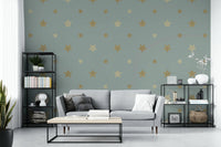 The colors are soft, muted tones of deep blues, purples, gold, and silver.

