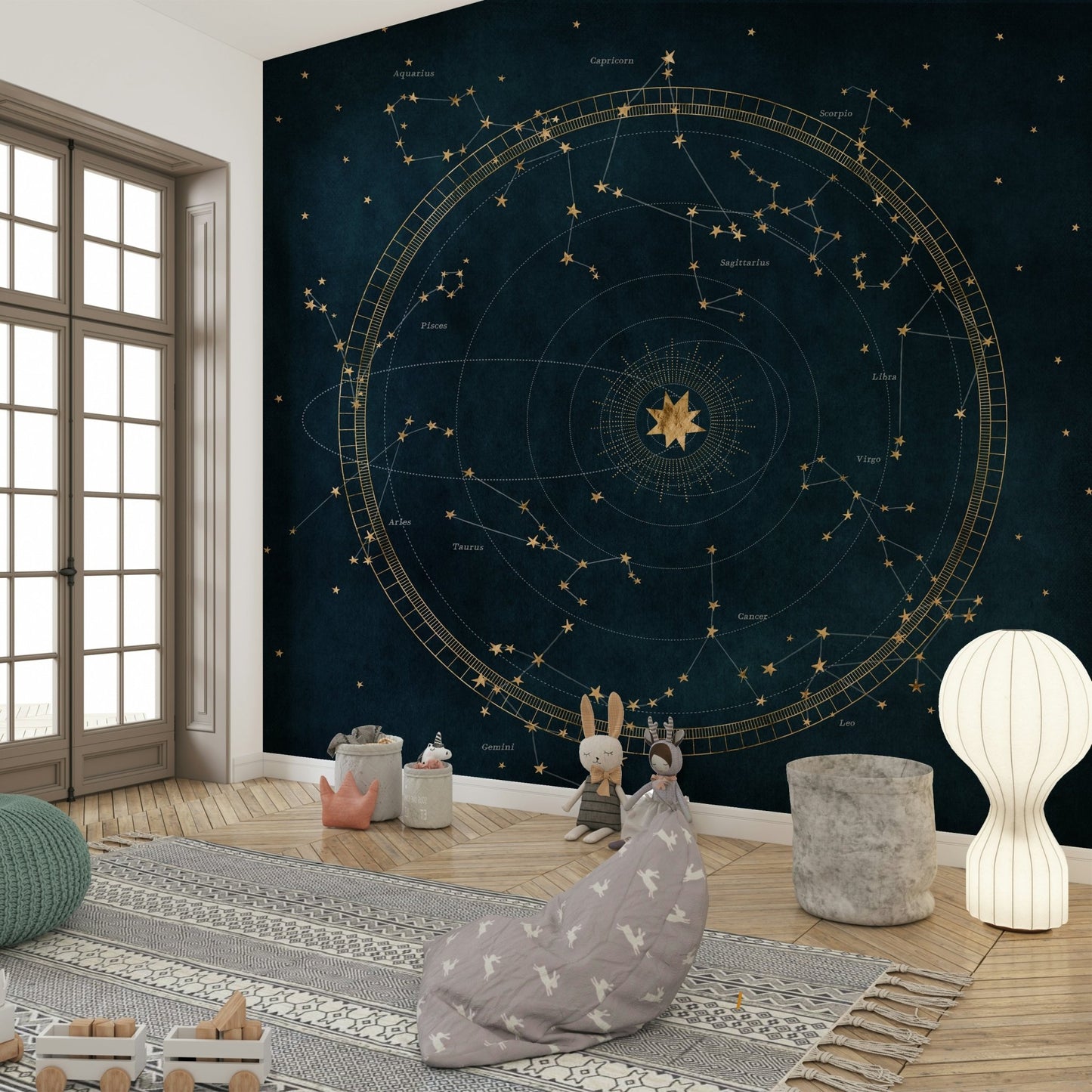 Detailed cosmic star chart mural for a unique space

