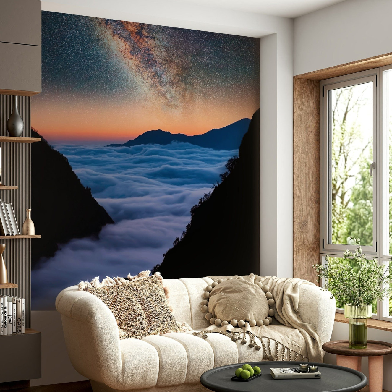 Celestial Valley Wall Mural brings a serene midnight landscape into this cozy sitting room