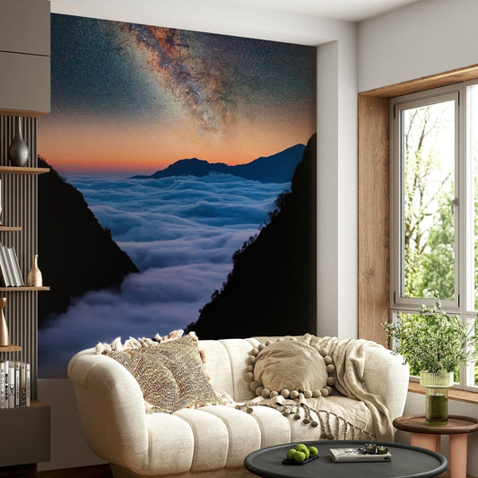 Celestial Valley Wall Mural brings a serene midnight landscape into this cozy sitting room