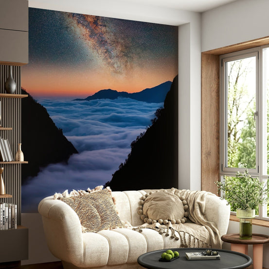 Celestial Valley Wall Mural brings a serene midnight landscape into this cozy sitting room, GD7964