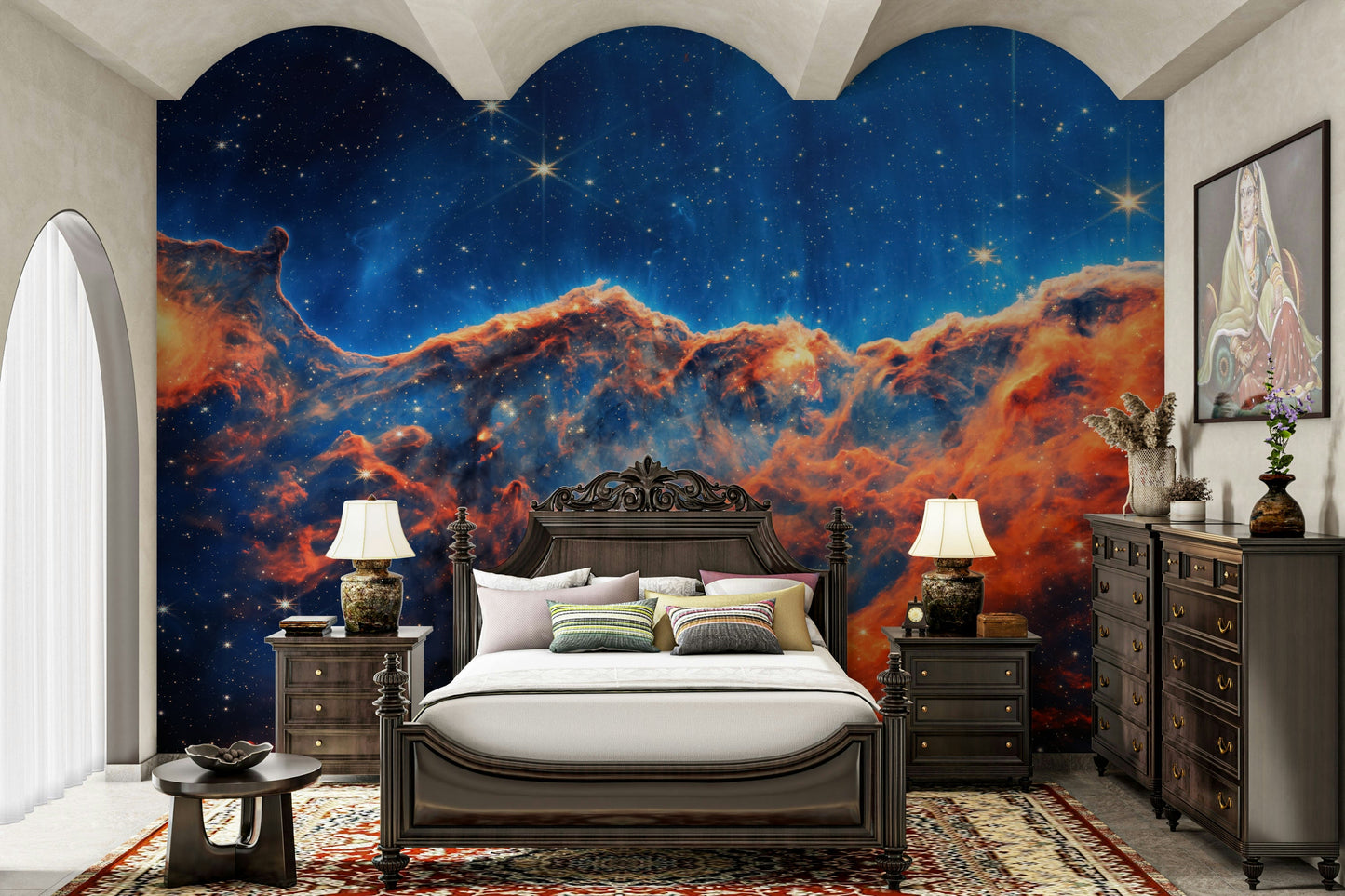 The colors are soft, muted tones of blue, purple, and black.

