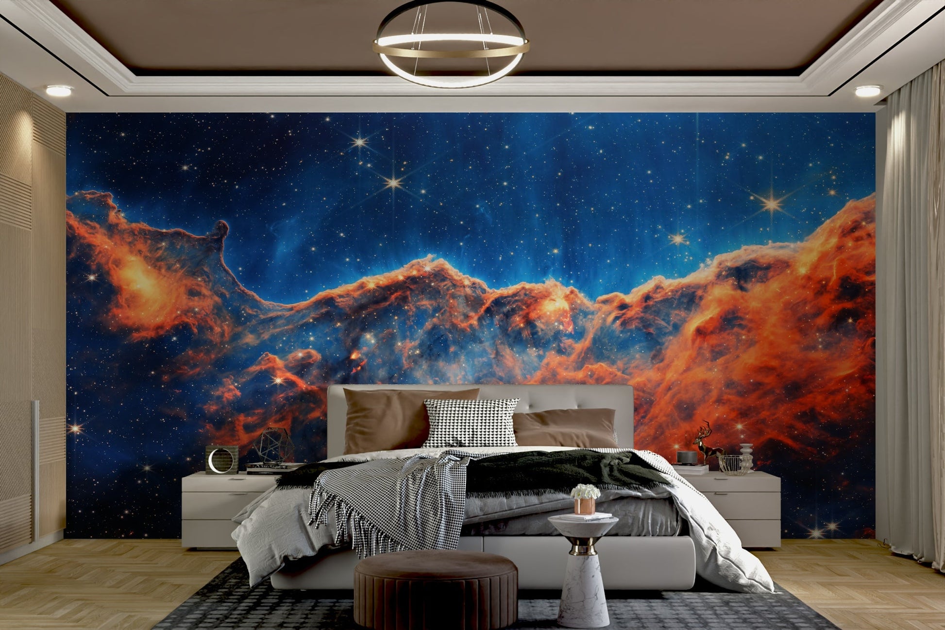 The image shows a peaceful, otherworldly scene with celestial elements.

