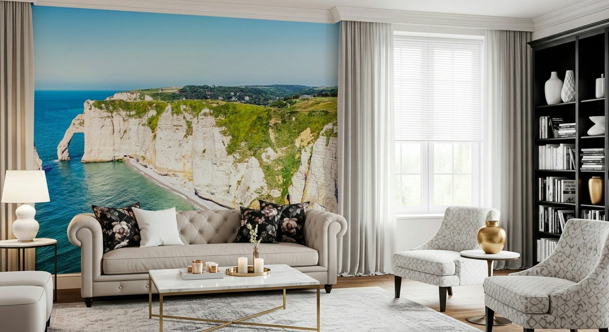 A relaxed living room paired with Chalk Cliffs Vista Wall Mural and white rock formations