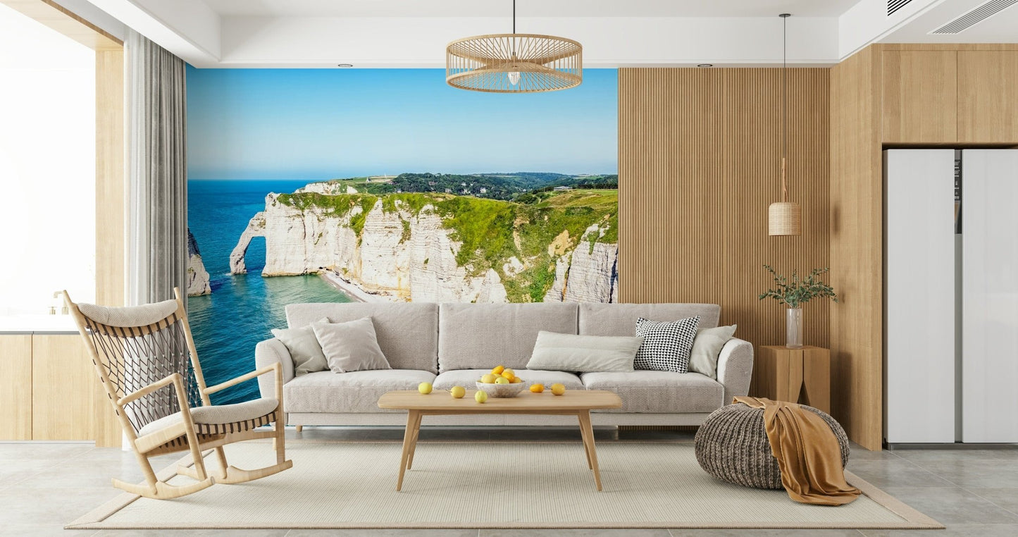Chalk Cliffs Vista Wall Mural brings airy cliffside scenery into this modern living room