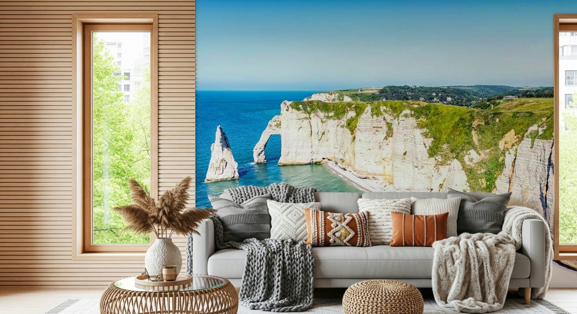 Chalk Cliffs Vista Wall Mural gives this lounge a fresh sea-facing cliff backdrop