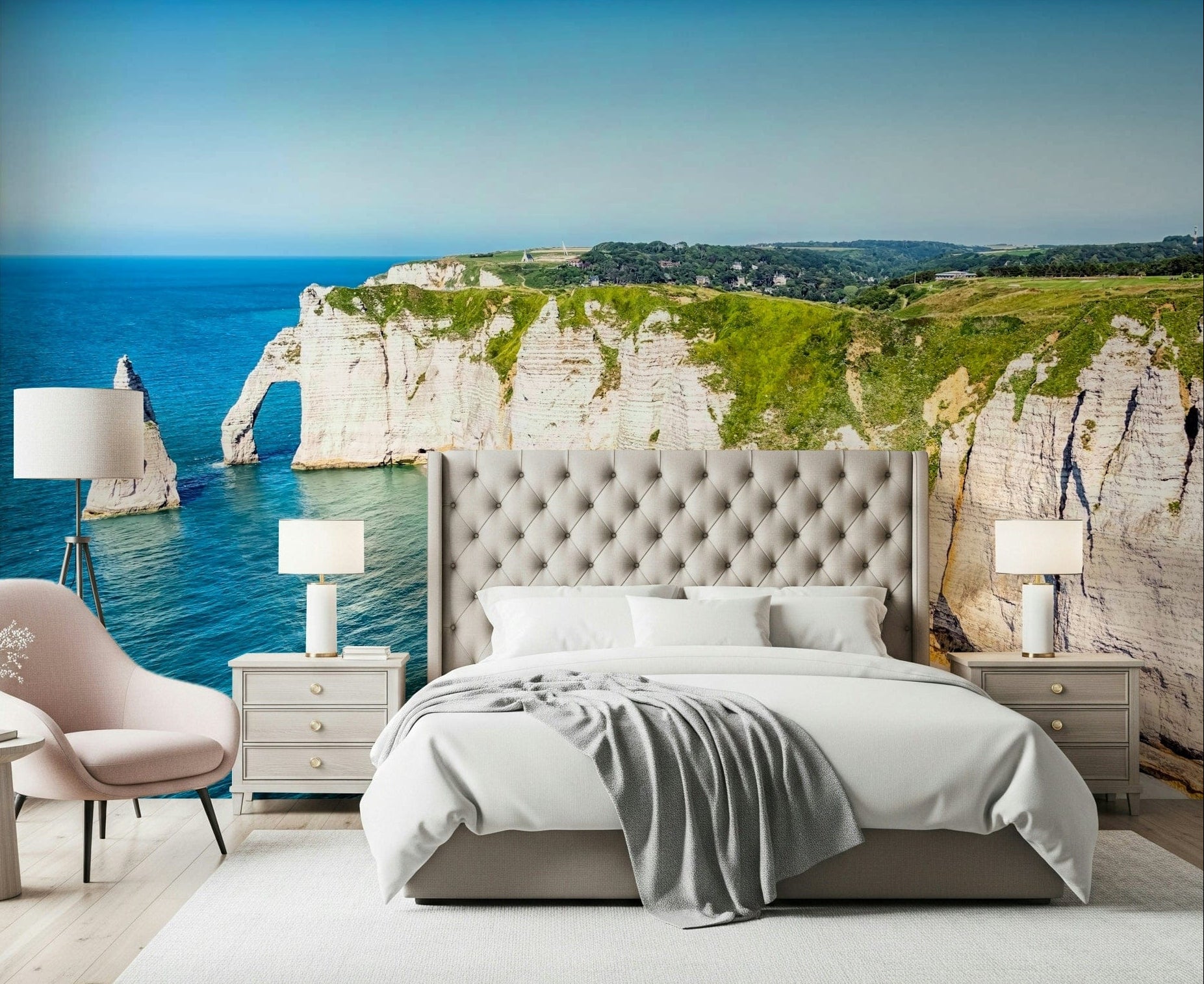 A bright bedroom framed by Chalk Cliffs Vista Wall Mural and sweeping coastal cliffs