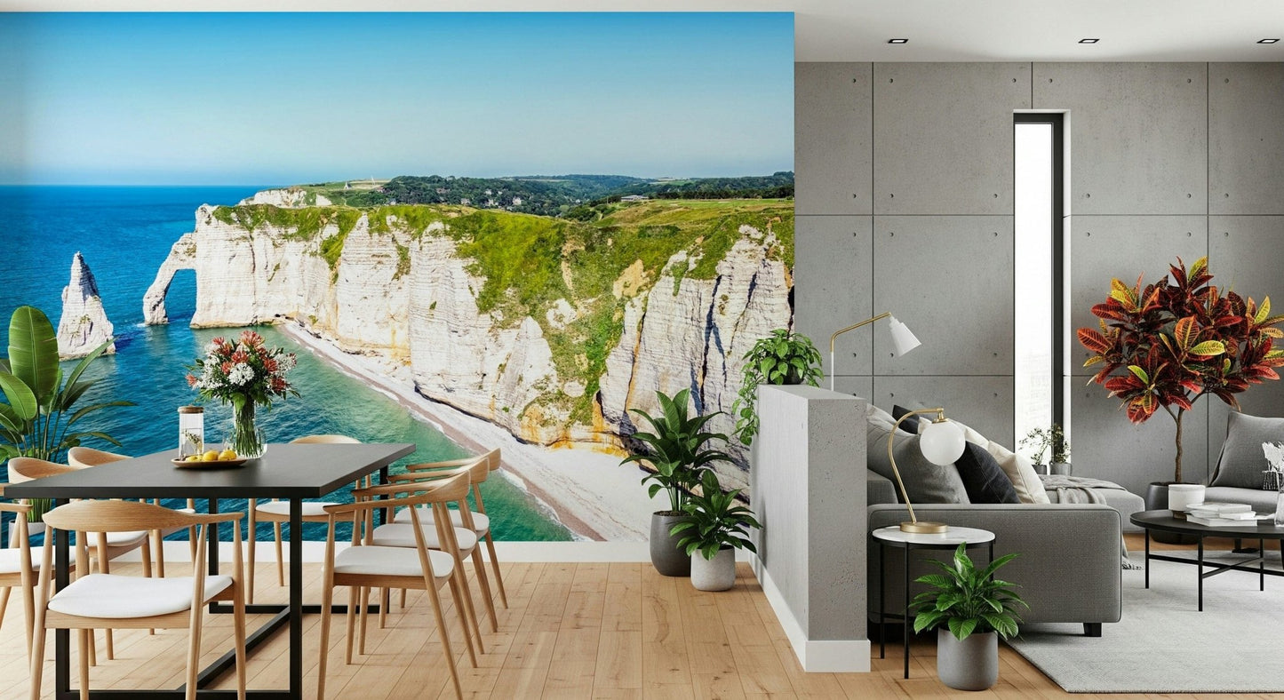 In this dining area, Chalk Cliffs Vista Wall Mural adds bright shoreline depth and light