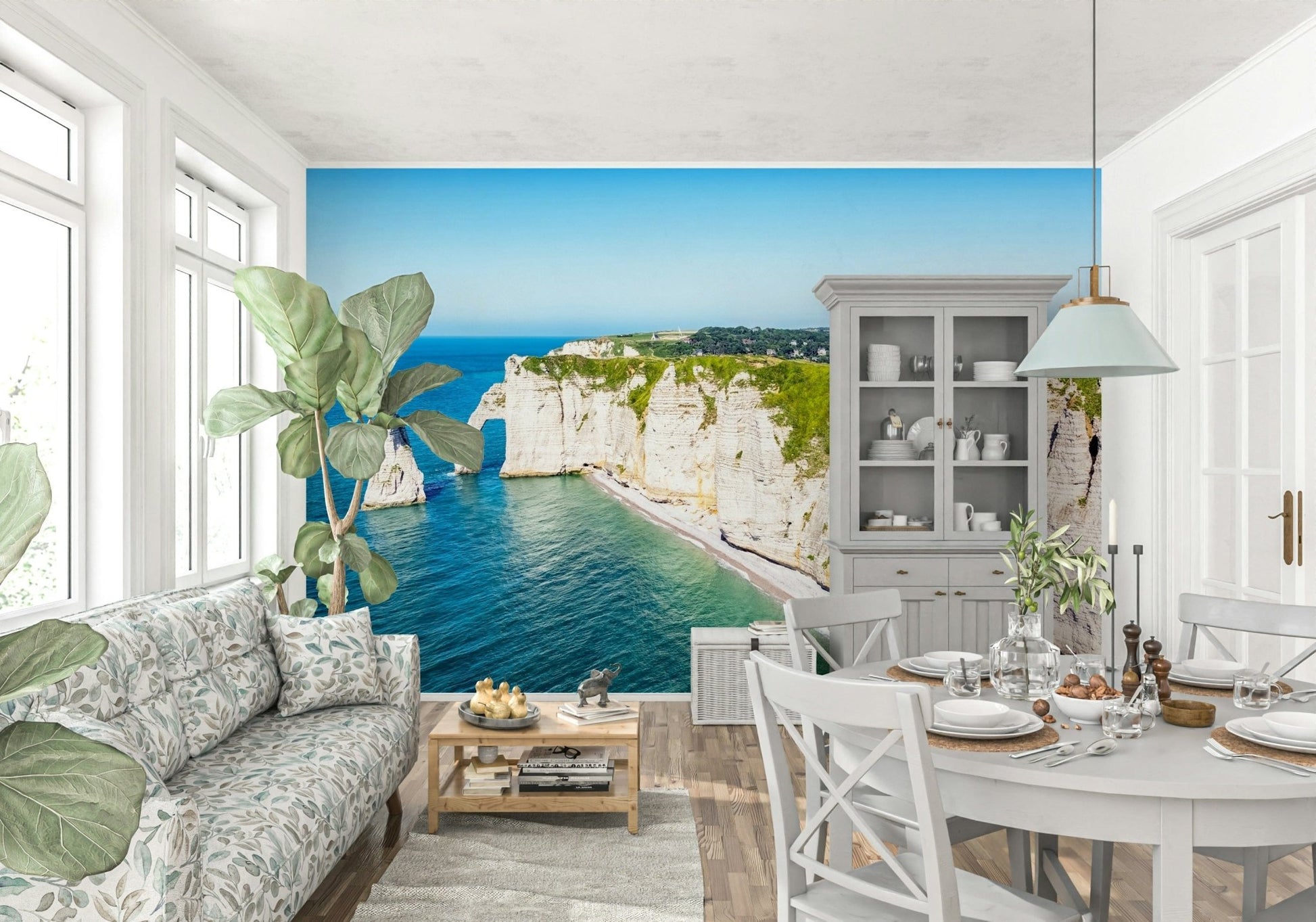 This dining nook feels more open with Chalk Cliffs Vista Wall Mural and blue water below